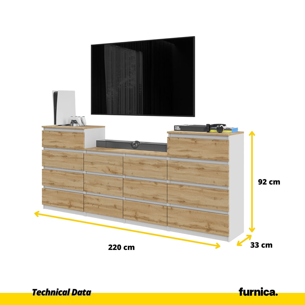 GABRIEL - Cómoda de 14 cajones (4+6+4) - Armario de almacenamiento para dormitorio - Blanco Mate / Roble Wotan - A92cm A220cm P33cm