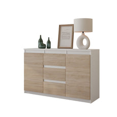 MIKEL - Cómoda de 3 cajones y 2 puertas - Armario de almacenamiento para dormitorio - Aparador - Blanco Mate / Roble Sonoma - A75cm A120cm P35cm