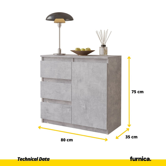 MIKEL - Cómoda de 3 cajones y 1 puerta - Gabinete de almacenamiento para el dormitorio - Aparador - Hormigón - A75cm A80cm P35cm