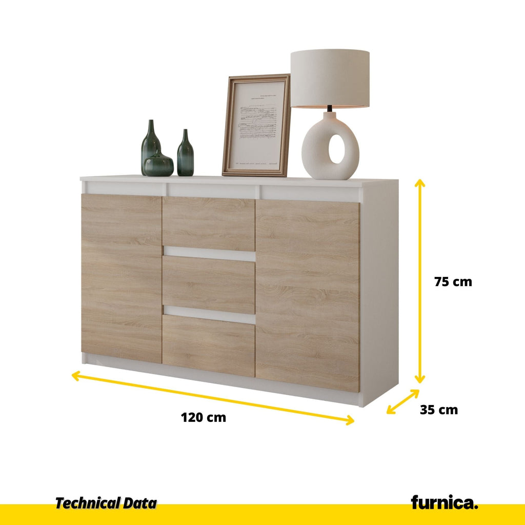 MIKEL - Cómoda de 3 cajones y 2 puertas - Armario de almacenamiento para dormitorio - Aparador - Blanco Mate / Roble Sonoma - A75cm A120cm P35cm