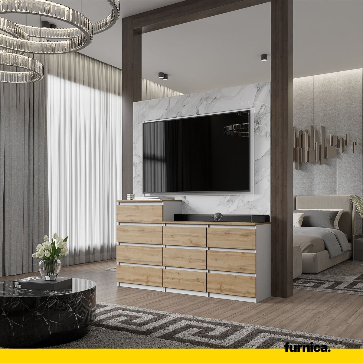 GABRIEL - Cómoda de 10 cajones (6+4) - Armario de almacenamiento para dormitorio - Blanco Mate / Roble Wotan A92/70cm (3)