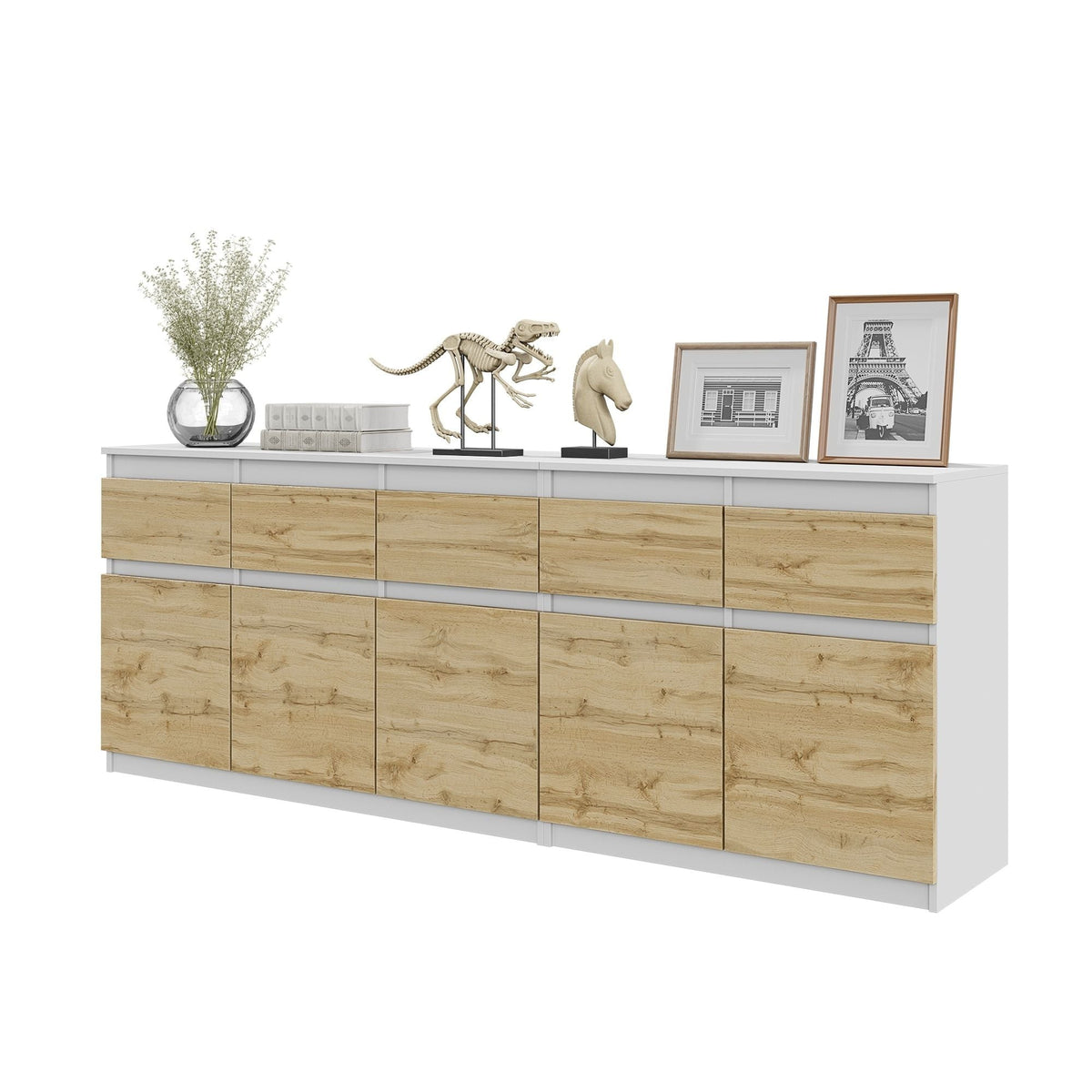 NOAH - Cómoda de 5 cajones y 5 puertas - Armario de almacenamiento para dormitorio - Blanco Mate / Roble Wotan - A75cm