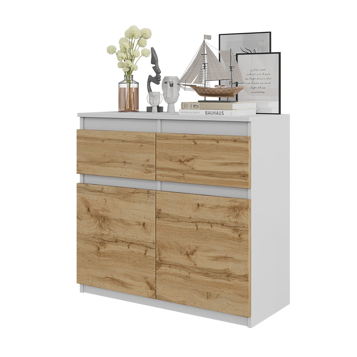 NOAH - Cómoda de 2 cajones y 2 puertas - Armario de almacenamiento para dormitorio - Aparador - Blanco Mate / Roble Wotan -
