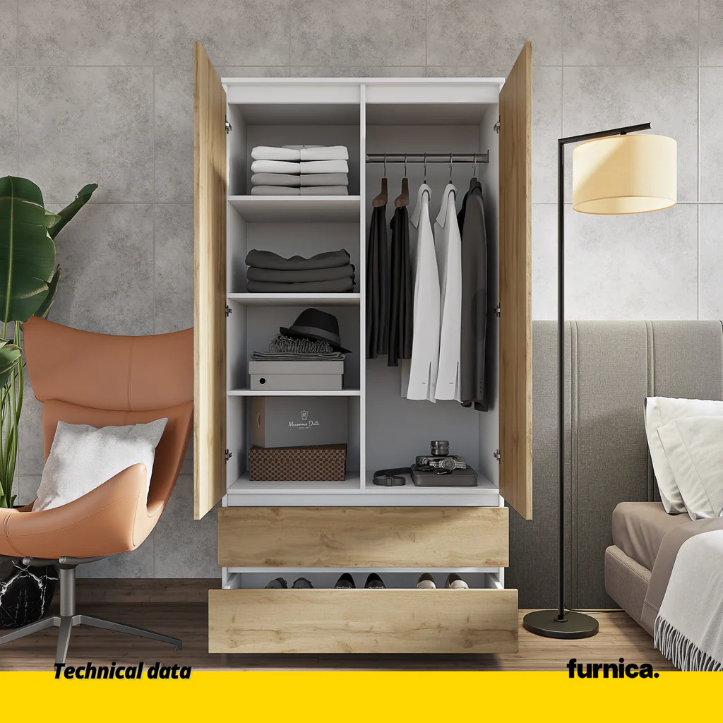 JOELLE - Armario de 2 puertas con 2 cajones - Blanco Mate / Roble Wotan - A180cm A90cm P50cm (4) – Furnica