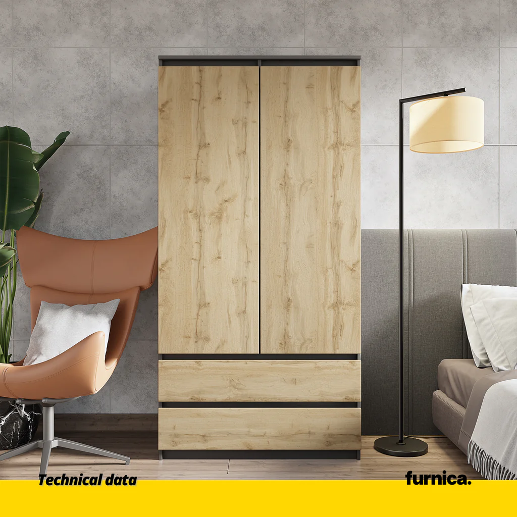 JOELLE - Armario de 2 puertas con 2 cajones - Antracita / Roble Wotan - A180cm A90cm P50cm (3) – Furnica