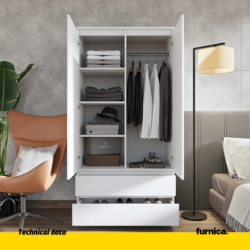 JOELLE - Armario de 2 puertas con 2 cajones - Blanco Mate - A180cm A90cm P50cm (4) – Furnica