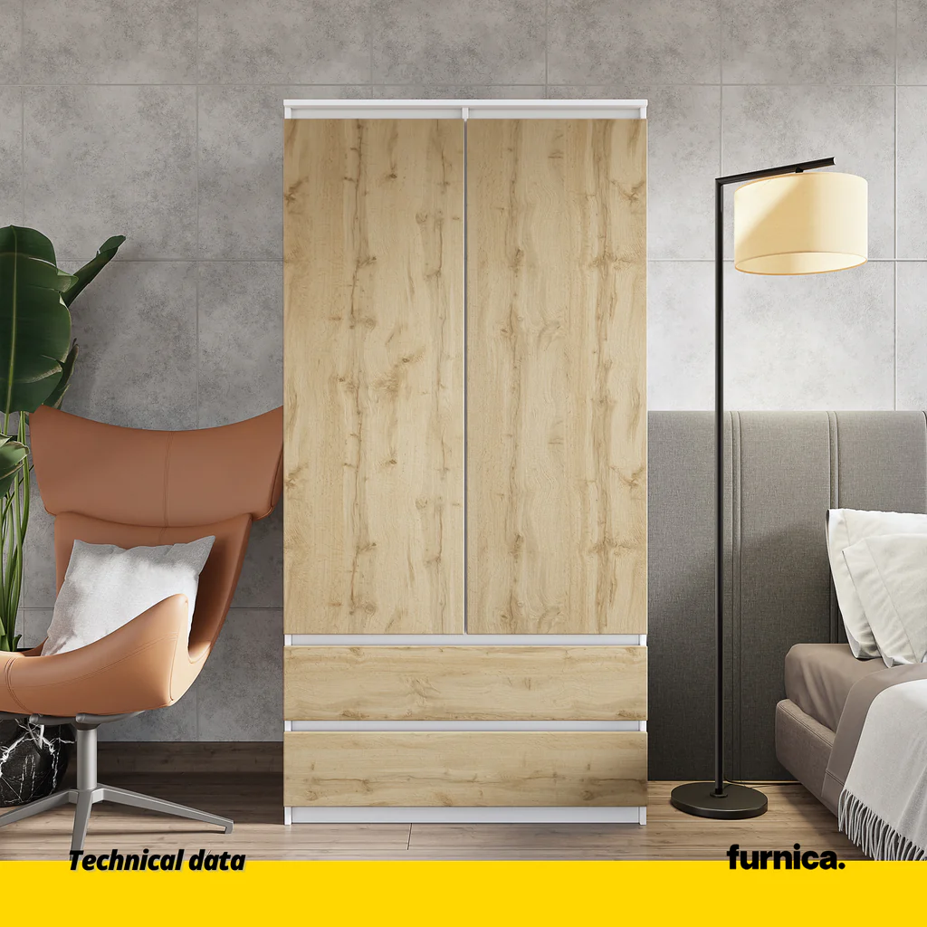 JOELLE - Armario de 2 puertas con 2 cajones - Blanco Mate / Roble Wotan - A180cm A90cm P50cm (3) – Furnica
