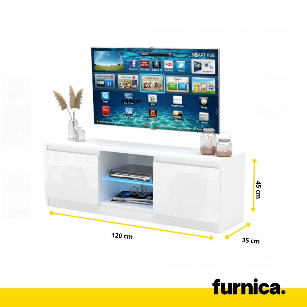 MARCO - Mueble TV con 2 puertas y 1 estante de vidrio - A45cm A120cm P35cm - Blanco Mate / Blanco Brillante