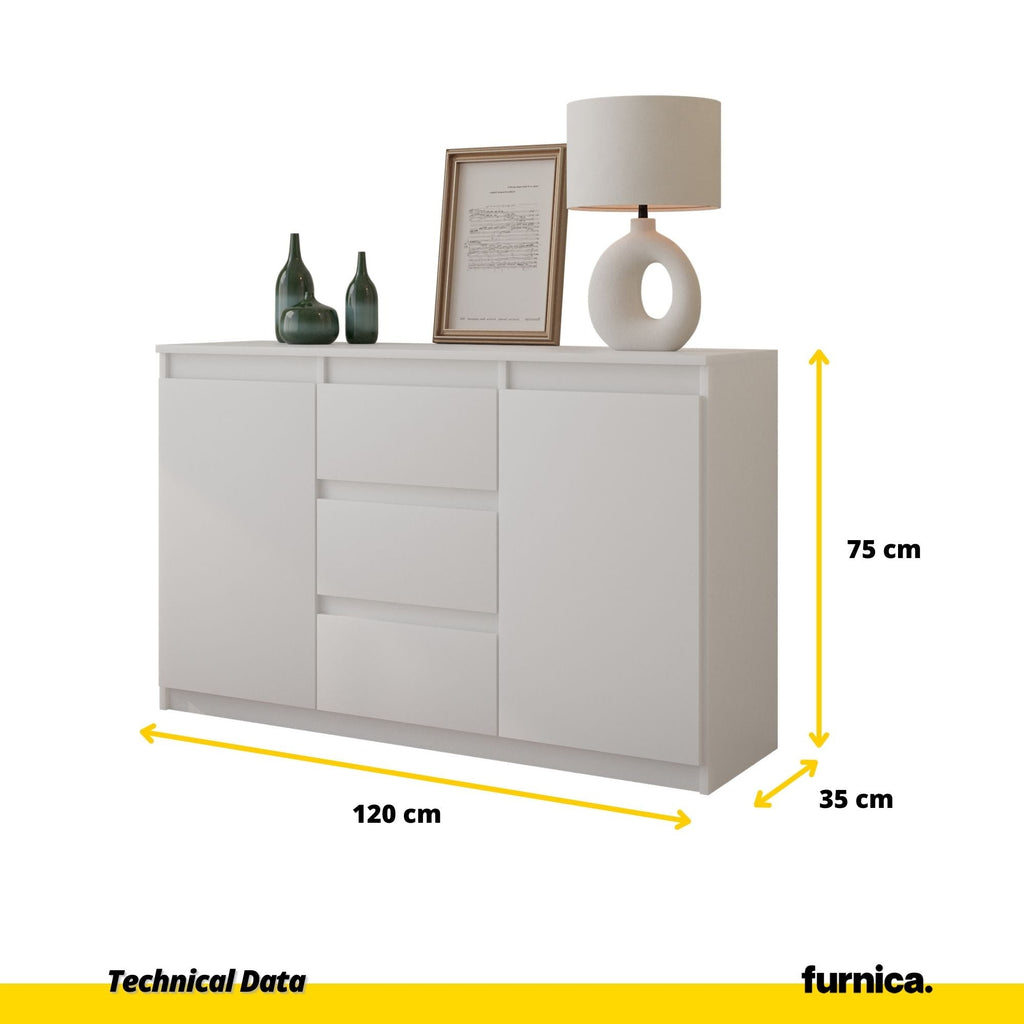 MIKEL - Cómoda de 3 cajones y 2 puertas - Armario de almacenamiento para dormitorio - Aparador - Blanco Mate - A75cm A120cm P35cm