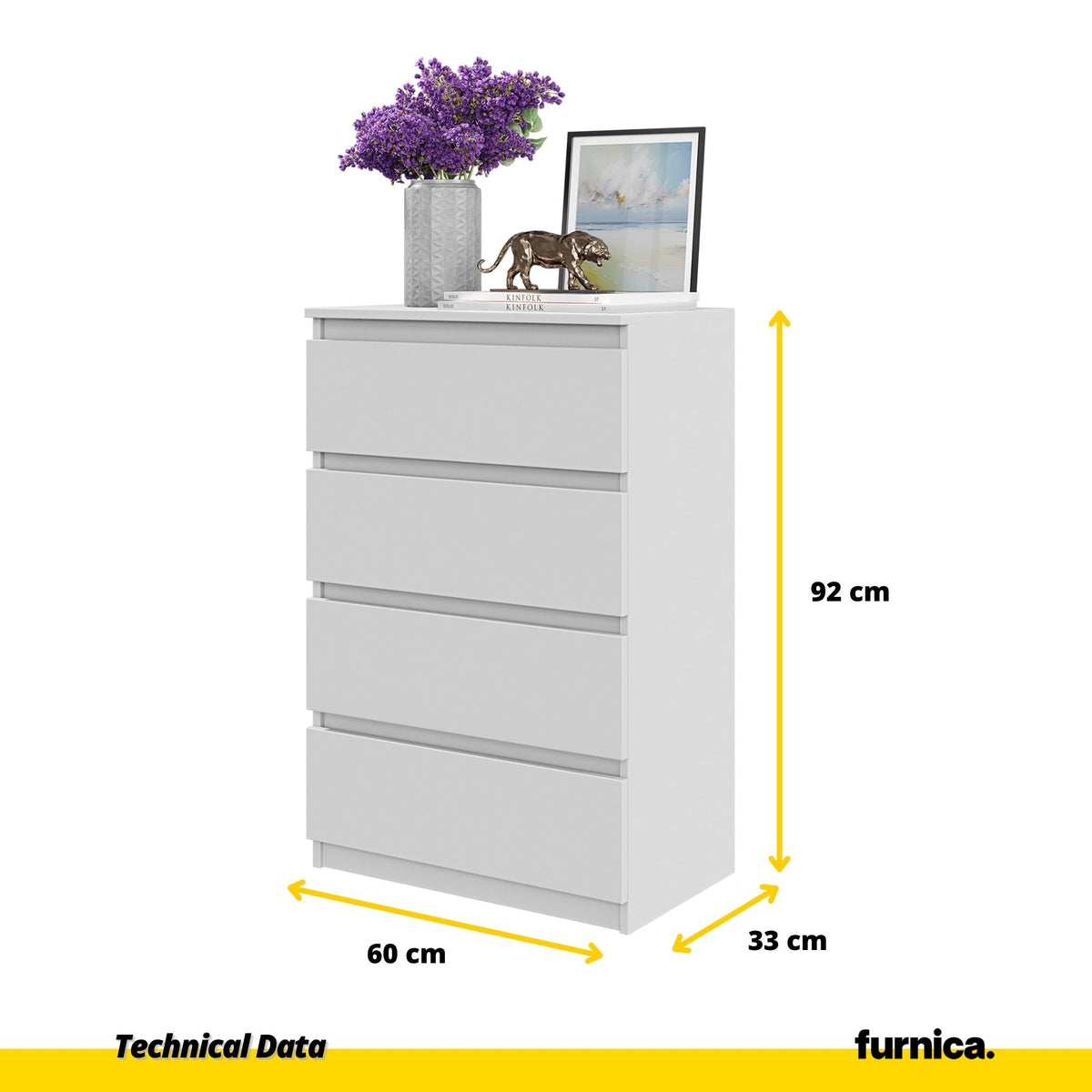 GABRIEL - Cómoda de 4 cajones - Armario de almacenamiento para el dormitorio - Aparador - Blanco Mate - A92cm A60cm P33cm (2)