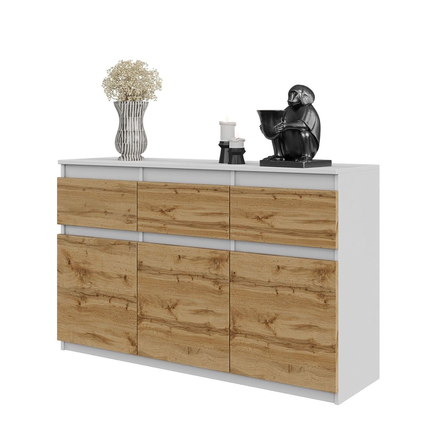 NOAH - Cómoda de 3 cajones y 3 puertas - Armario de almacenamiento para dormitorio - Aparador - Blanco Mate / Roble Wotan -
