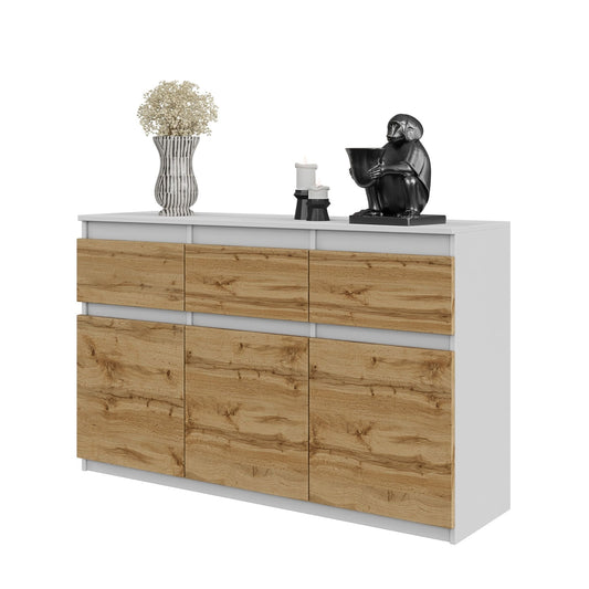 NOAH - Cómoda de 3 cajones y 3 puertas - Armario de almacenamiento para dormitorio - Aparador - Blanco Mate / Roble Wotan -