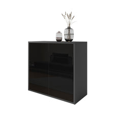 CAMILLE - Aparador de empuje para abrir con 2 puertas y 2 cajones - Antracita / Brillo negro H74cm W80cm D36cm