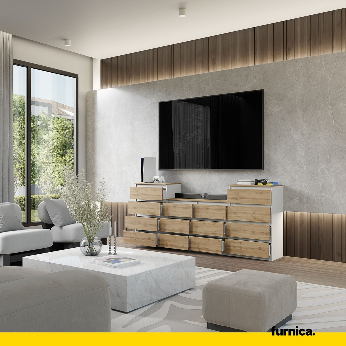 GABRIEL - Cómoda de 14 cajones (4+6+4) - Armario de almacenamiento para dormitorio - Blanco Mate / Roble Wotan - A92cm (4)