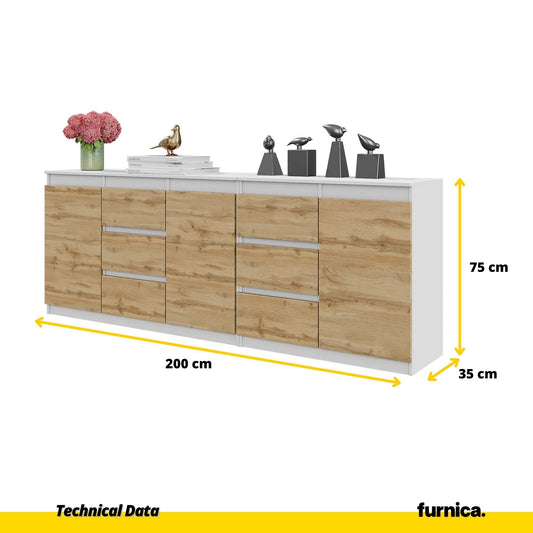 MIKEL - Cómoda de 6 cajones y 3 puertas - Armario de almacenamiento para dormitorio - Aparador - Blanco Mate / Roble (2)