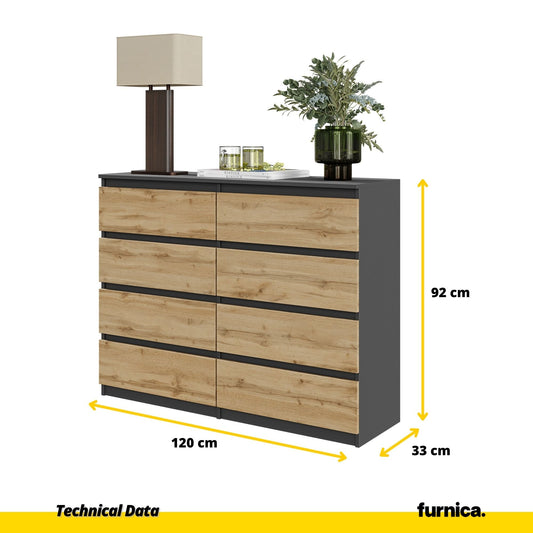 GABRIEL - Cómoda de 8 cajones - Armario de almacenamiento para el dormitorio - Aparador - Antracita / Roble Wotan - A92cm A120cm P33cm