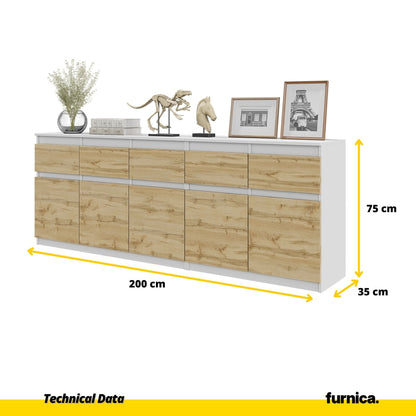 NOAH - Cómoda de 5 cajones y 5 puertas - Armario de almacenamiento para dormitorio - Blanco Mate / Roble Wotan - A75cm (2)