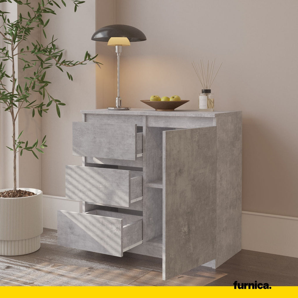 MIKEL - Cómoda de 3 cajones y 1 puerta - Gabinete de almacenamiento para el dormitorio - Aparador - Hormigón - A75cm A80cm P35cm