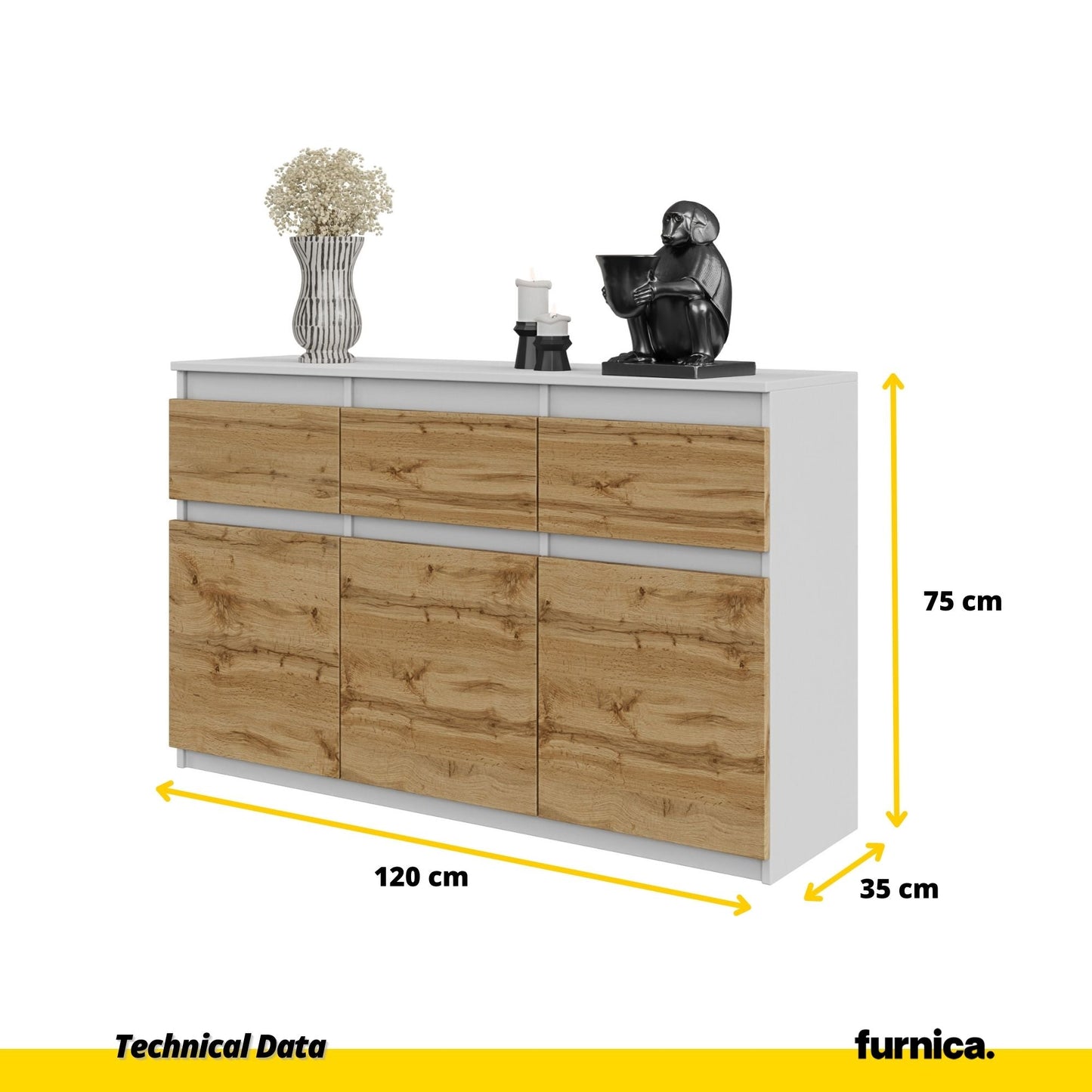 NOAH - Cómoda de 3 cajones y 3 puertas - Armario de almacenamiento para dormitorio - Aparador - Blanco Mate / Roble (2)