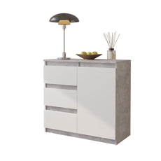 MIKEL - Cómoda de 3 cajones y 1 puerta - Gabinete de almacenamiento para dormitorio - Aparador - Hormigón / Blanco Mate - A75cm A80cm P35cm