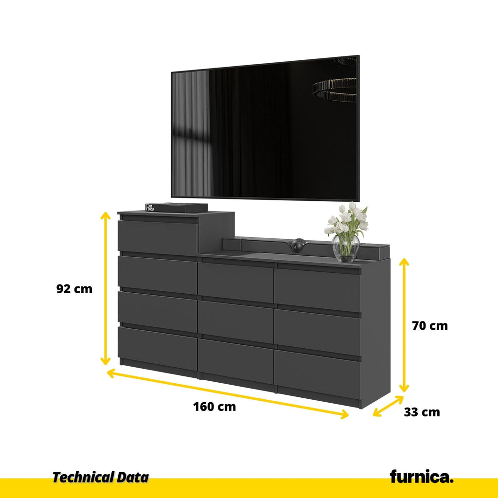 GABRIEL - Cómoda de 10 cajones (6+4) - Armario de almacenamiento para el dormitorio - Aparador - Antracita A92/70cm A160cm P33cm