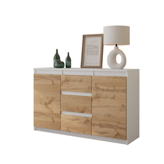 MIKEL - Cómoda de 3 cajones y 2 puertas - Armario de almacenamiento para dormitorio - Aparador - Blanco Mate / Roble Wotan -