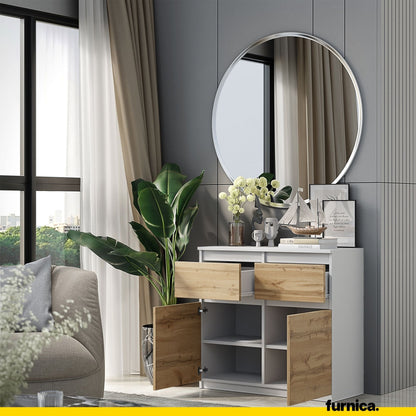 NOAH - Cómoda de 2 cajones y 2 puertas - Armario de almacenamiento para dormitorio - Aparador - Blanco Mate / Roble (4)