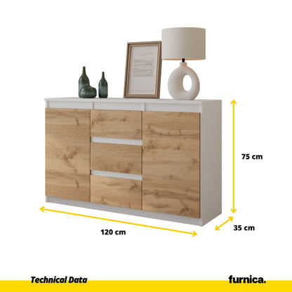 MIKEL - Cómoda de 3 cajones y 2 puertas - Armario de almacenamiento para dormitorio - Aparador - Blanco Mate / Roble (2)