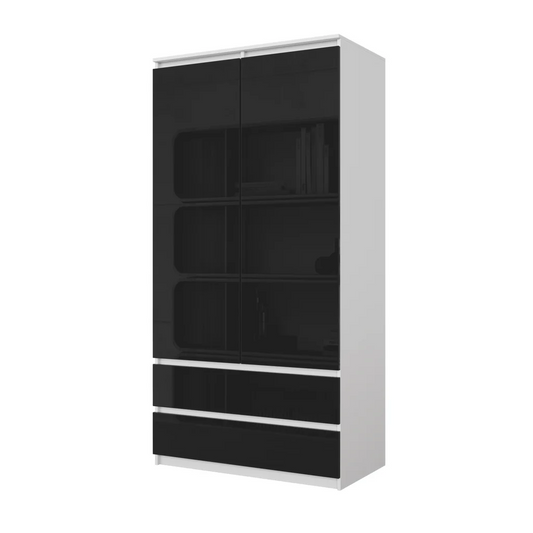 JOELLE - Armario de 2 puertas con 2 cajones - Blanco Mate / Negro Brillante - A180cm A90cm P50cm – Furnica