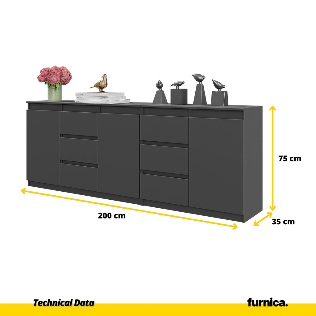 MIKEL - Cómoda de 6 cajones y 3 puertas - Armario de almacenamiento para el dormitorio - Aparador - Antracita - A75cm A200cm P35cm