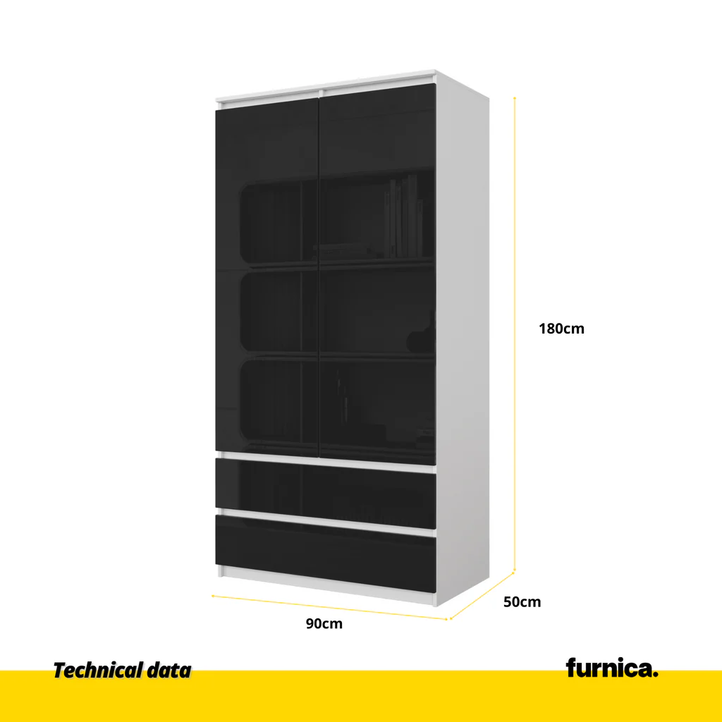 JOELLE - Armario de 2 puertas con 2 cajones - Blanco Mate / Negro Brillante - A180cm A90cm P50cm (2) – Furnica
