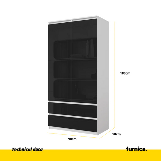 JOELLE - Armario de 2 puertas con 2 cajones - Blanco Mate / Negro Brillante - A180cm A90cm P50cm (2) – Furnica
