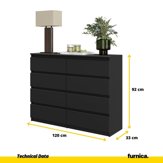GABRIEL - Cómoda de 8 cajones - Armario de almacenamiento para el dormitorio - Aparador - Negro Mate - A92cm A120cm P33cm