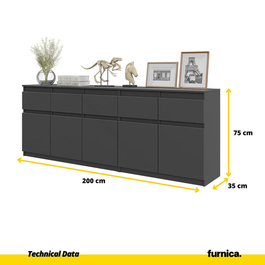 NOAH - Cómoda de 5 cajones y 5 puertas - Armario de almacenamiento para dormitorio - Aparador - Antracita - A75cm A200cm (2)