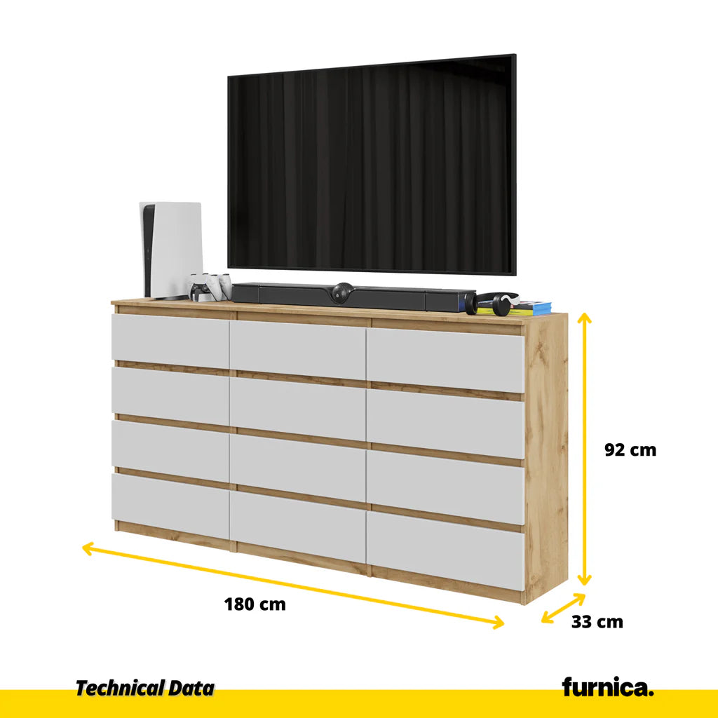 GABRIEL - Cómoda de 12 cajones (8+4) - Armario de almacenamiento para el dormitorio - Aparador - Roble Wotan / Blanco Mate A92cm A180cm P33cm