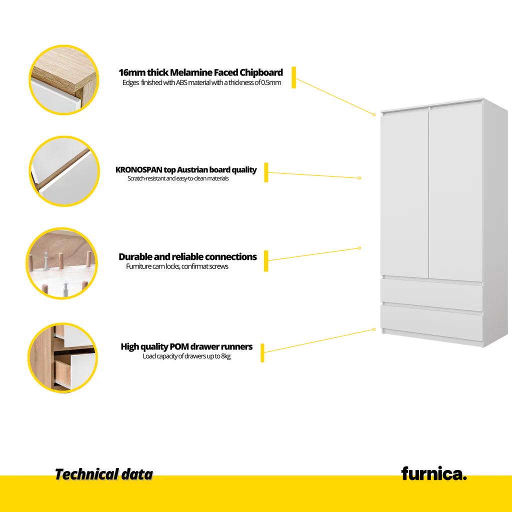 JOELLE - Armario de 2 puertas con 2 cajones - Blanco Mate - A180cm A90cm P50cm (5) – Furnica