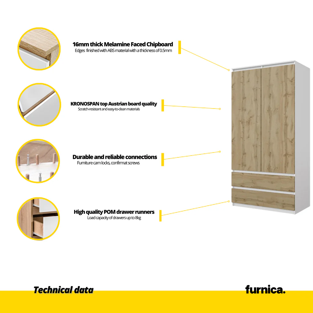 JOELLE - Armario de 2 puertas con 2 cajones - Blanco Mate / Roble Wotan - A180cm A90cm P50cm (5) – Furnica