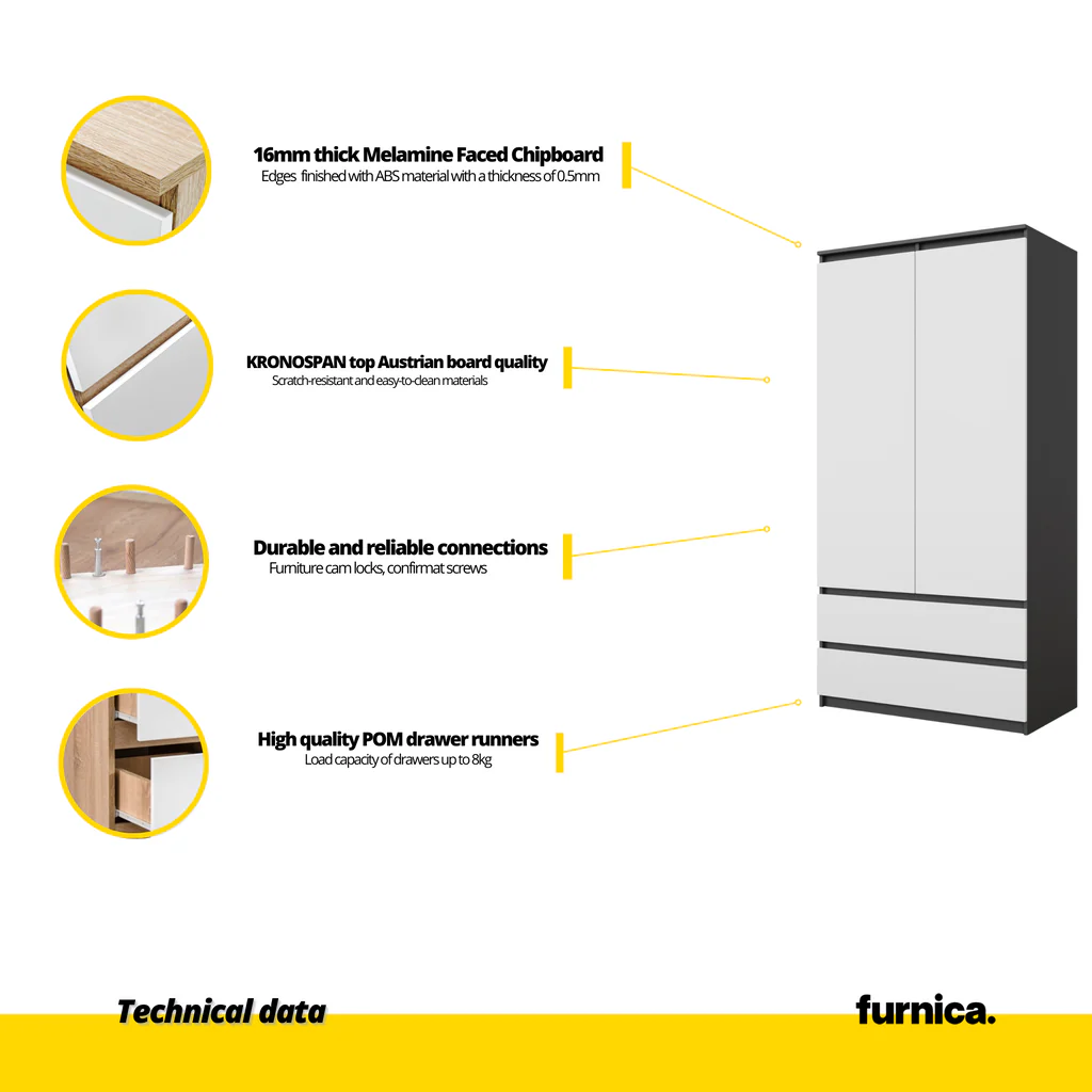 JOELLE - Armario de 2 puertas con 2 cajones - Antracita / Blanco Mate - A180cm A90cm P50cm (5) – Furnica