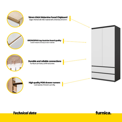JOELLE - Armario de 2 puertas con 2 cajones - Antracita / Blanco Mate - A180cm A90cm P50cm (5) – Furnica