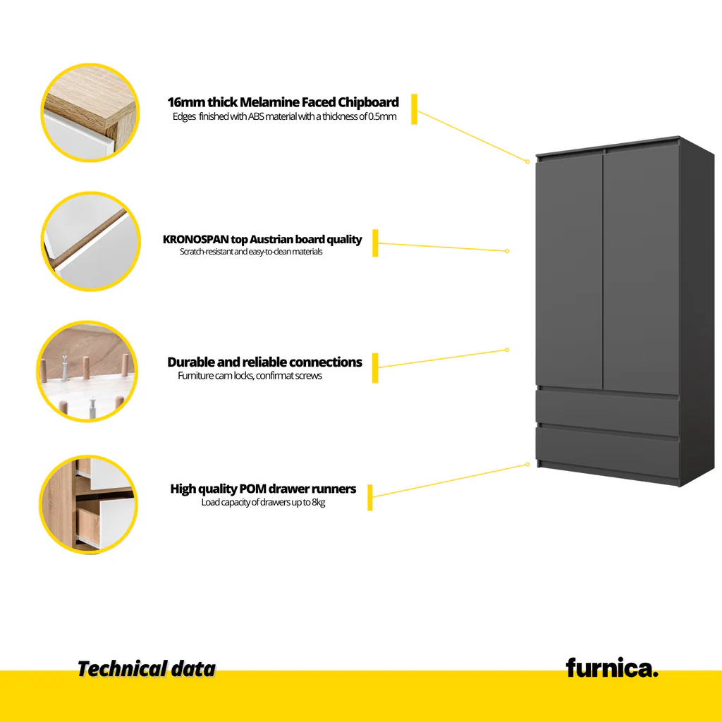 JOELLE - Armario de 2 puertas con 2 cajones - Antracita - A180cm A90cm P50cm