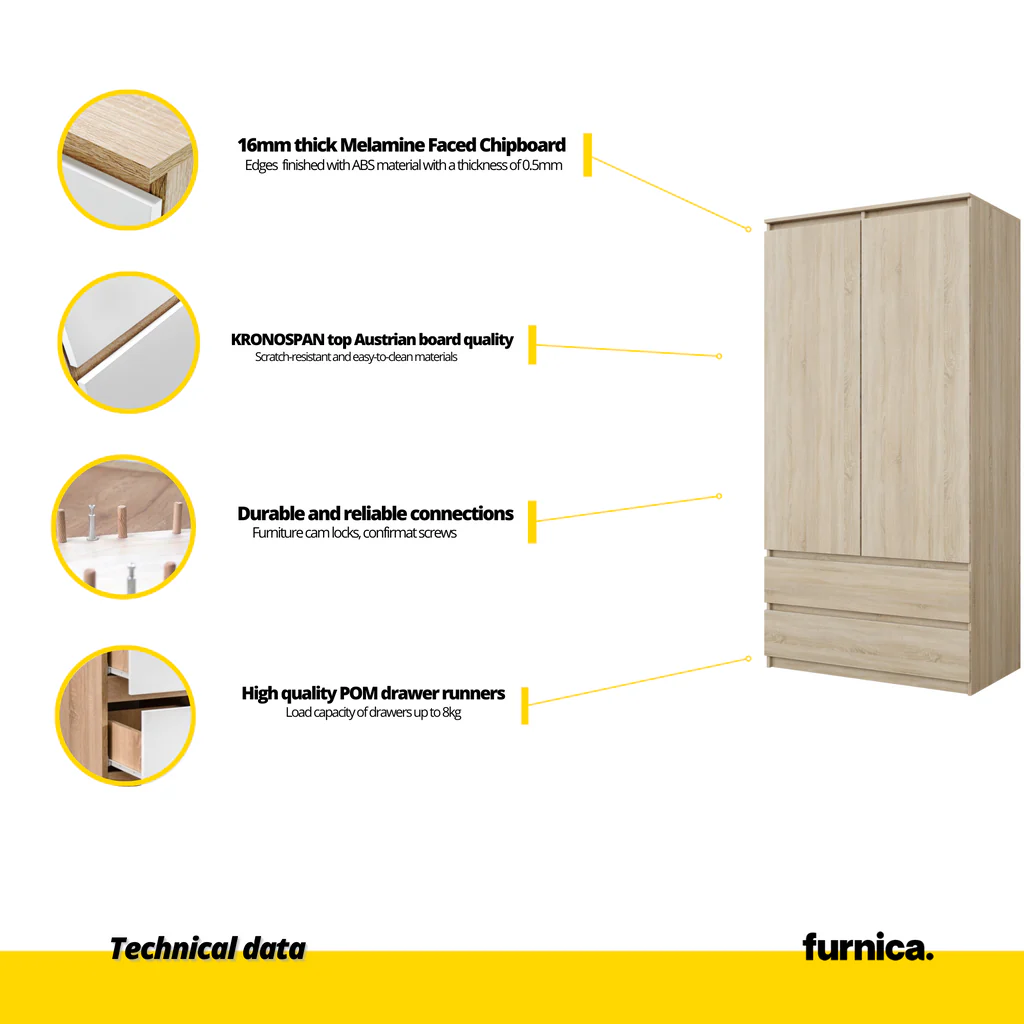 JOELLE - Armario de 2 puertas con 2 cajones - Roble Sonoma - A180cm A90cm P50cm