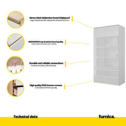 JOELLE - Armario de 2 puertas con 2 cajones - Blanco Mate / Blanco Brillante - A180cm A90cm P50cm (5) – Furnica