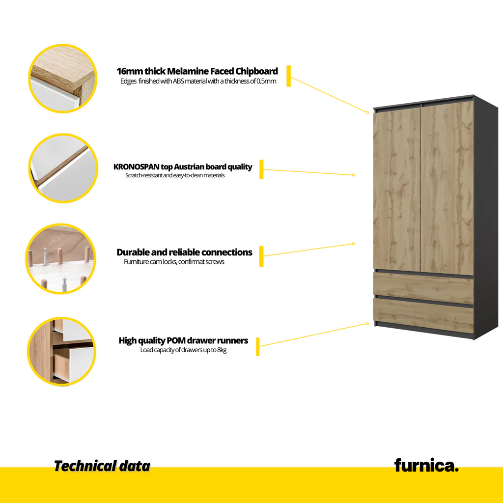 JOELLE - Armario de 2 puertas con 2 cajones - Antracita / Roble Wotan - A180cm A90cm P50cm (5) – Furnica