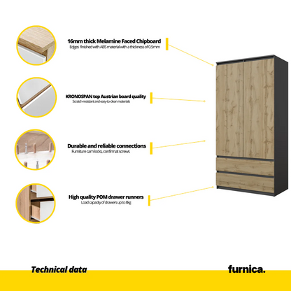 JOELLE - Armario de 2 puertas con 2 cajones - Antracita / Roble Wotan - A180cm A90cm P50cm (5) – Furnica