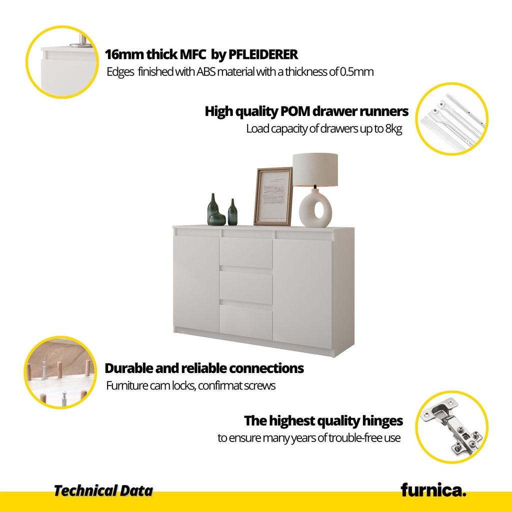 MIKEL - Cómoda de 3 cajones y 2 puertas - Armario de almacenamiento para el dormitorio - Aparador - Roble Wotan / Blanco Mate - A75cm A120cm P35cm