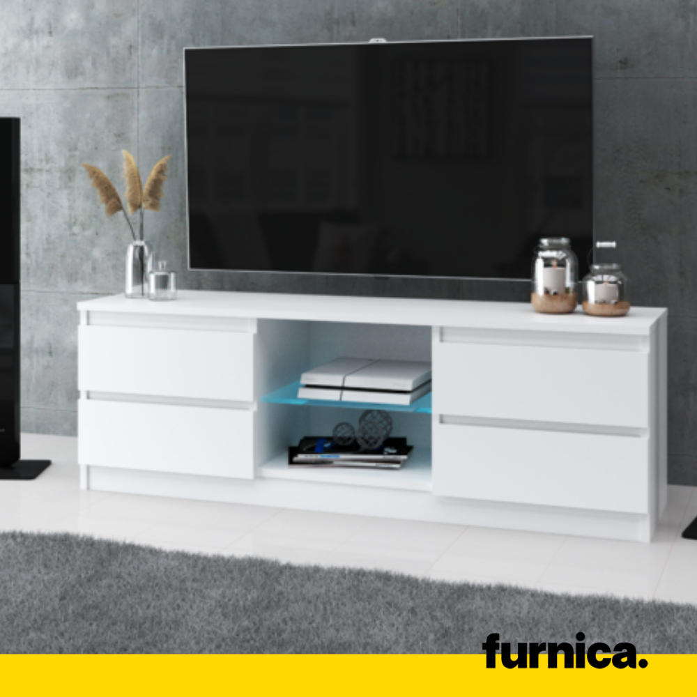 MARCO - Mueble TV con 2 puertas y 1 estante de vidrio - A45cm A120cm P35cm - Blanco Mate / Blanco Brillante