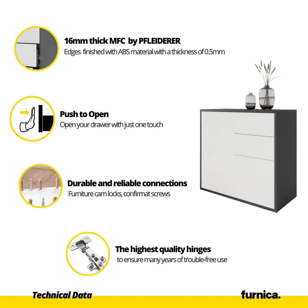 CAMILLE - Aparador de empuje para abrir con 2 puertas y 2 cajones - Antracita / Pino blanco H74cm W80cm D36cm