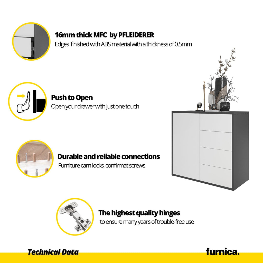 CAMILLE - Aparador con puerta y 4 cajones de apertura push to open - Antracita / Blanco mate H74cm W80cm D36cm