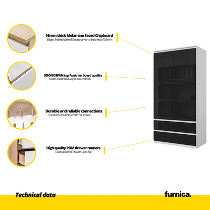 JOELLE - Armario de 2 puertas con 2 cajones - Blanco Mate / Negro Brillante - A180cm A90cm P50cm (5) – Furnica