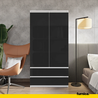 JOELLE - Armario de 2 puertas con 2 cajones - Blanco Mate / Negro Brillante - A180cm A90cm P50cm (3) – Furnica